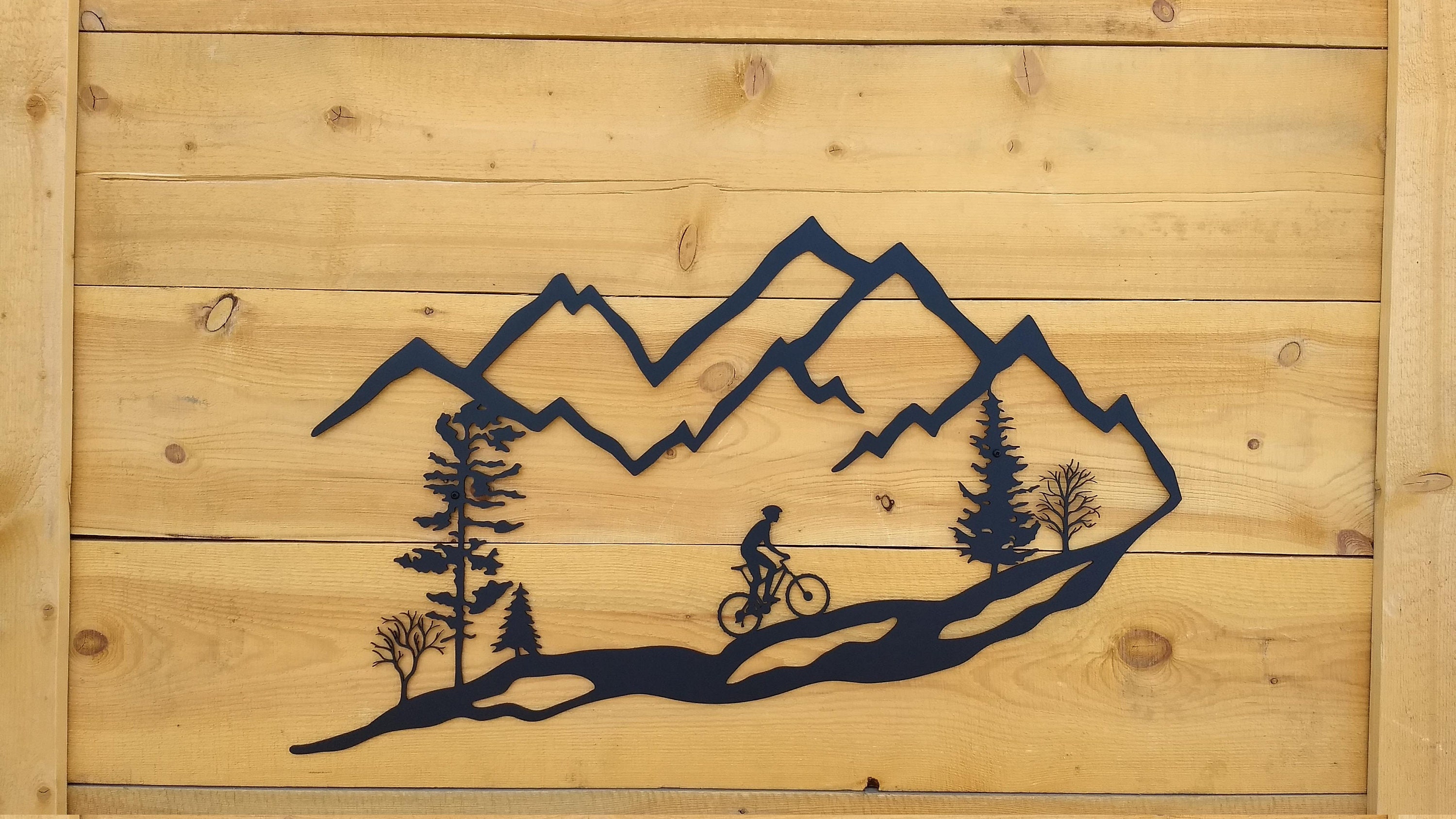 Mountain and forest wall art Mountain wood wall art Cyclist wall art Mountain wood wall decor Biker wall decor Biker wall art