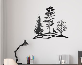 Metal Tree Art, Wolf, Wall Art, Decor, Rustic, Silhouette, Tree, Multiple, Rock