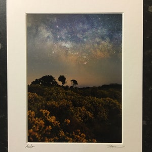 Könnte beinhalten: Ein gerahmtes Foto eines Nachthimmels mit der Milchstraße, die über einem Feld mit gelben Wildblumen sichtbar ist. Der Himmel ist tiefblau mit einem Hauch von Lila und die Sterne sind hell und zahlreich. Die Wildblumen stehen in voller Blüte und bilden einen schönen Kontrast zum dunklen Himmel.