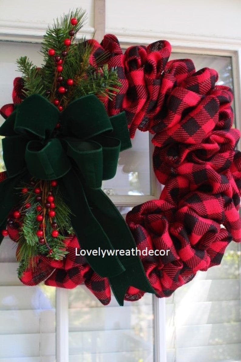 22inch Red Buffalo Plaid Wreath Christmas Wreath Front Door Etsy