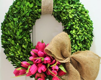 14,16 or 20  inch Spring wreath ,silk tulip wreath ,  boxwood wreath , preserved boxwood wreath  , indoor wreath only