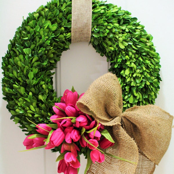 14,16 or 20  inch Spring wreath ,silk tulip wreath ,  boxwood wreath , preserved boxwood wreath  , indoor wreath only