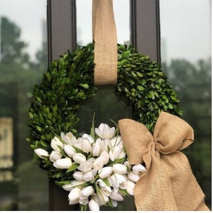 Boxwood wreath, Spring wreath ,silk tulip wreath , Easter Wreath, Front door  wreath , preserved boxwood, indoor wreath