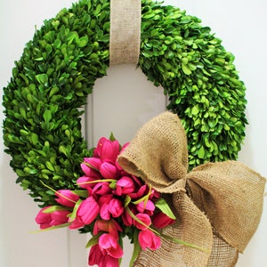 14,16 or 20 inch Spring wreath ,silk tulip wreath , boxwood wreath , preserved boxwood wreath ,indoor wreath image 1