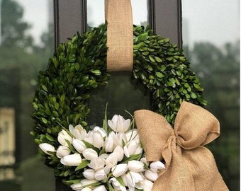 Sold out 24 inch Spring wreath ,silk tulip wreath ,  boxwood wreath , preserved boxwood wreath  ,tulip wreath, mothers day wreath