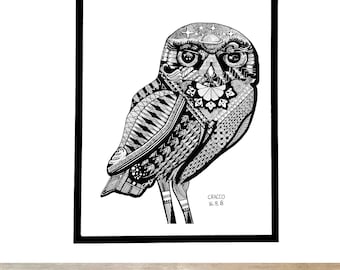 CHOUETTE / OWL (Athena) - bird animal art print poster, black white bird wall art deco, bird poster, owl wall art decor, x mas art gift