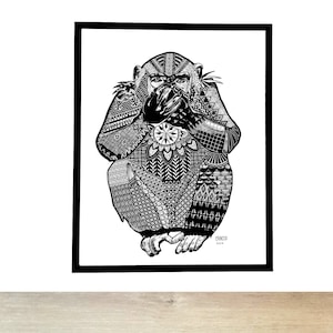 May include: Black and white line art illustration of a monkey covering its mouth with its hands. The monkey is drawn in a detailed, intricate style with a variety of patterns and textures. The image is titled "CRAZIO".