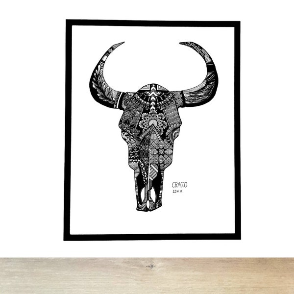 TETE DE TAUREAU 2 ( tete de mort, crâne, vache, bull skull cow) - decor art print poster, usa animal trophee texas longhorn x mas gift -