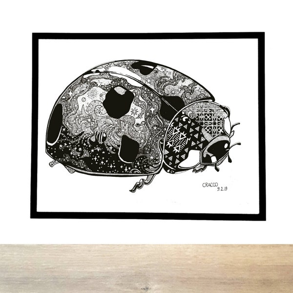 COCCINELLE COSMIQUE / Cosmic Ladybug - bug insect wall art, black white animal print, cosmic poster, insect bug decor