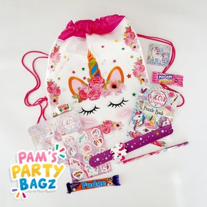 Deluxe Pre filled Unicorn Drawstring Party Bag FREE A6 Unicorn