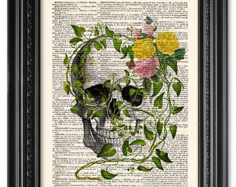 Flower skull, Skull art, Dictionary art print, Vintage book art print, upcycled dictionary page, Home Wall Decor, Gift poster  [ART 092]