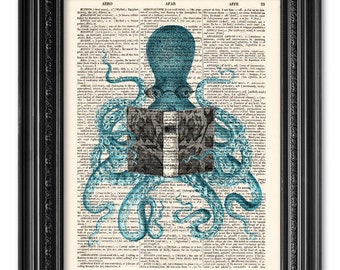 Octopus reading, Octopus print, Dictionary Print, Vintage book page print, dictionary paper print, Gift for Book lover, Funny Animal Print
