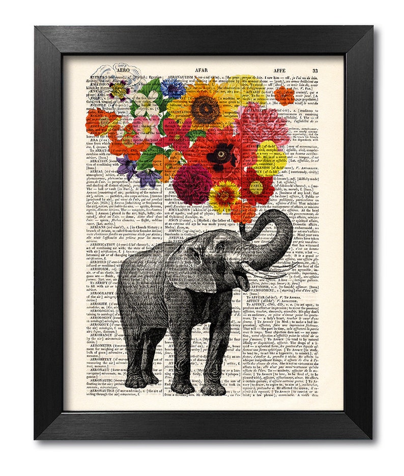 Elefant mit Blumen, Elefant Druck, Blumendruck, Kunstdruck, Illustration Druck, Buch seite Druck, Wörterbuch Kunst, Liebe Druck ART 047 image 1