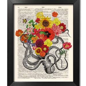Octopus with flowers, Octopus print, Flower print, Art print, Illustration print, Book page print, Dictionary art, Love print [ART 163]
