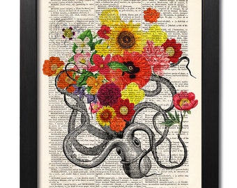 Octopus with flowers, Octopus print, Flower print, Art print, Illustration print, Book page print, Dictionary art, Love print [ART 163]