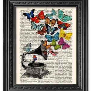 Butterflies Gramophone print, Dictionary art print, Vintage book art print, upcycled dictionary page, Home Wall Decor, Gift poster [ART 088]
