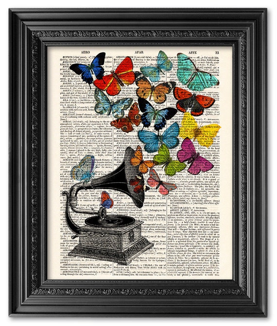 Butterflies Gramophone Print, Dictionary Art Print, Vintage Book Art Print,  Upcycled Dictionary Page, Home Wall Decor, Gift Poster ART 088 - Etsy
