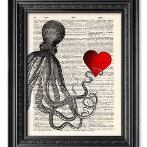 Octopus Heart, dictionary art print, Original artwork, Octopus print, Home Wall Art, Wall decor, Geekery art, funny gift poster [ART 137]