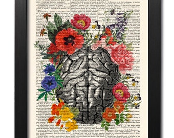 Anatomisches Gehirn mit Blumen, Anatomischer Kunstdruck, Druck auf alter Buchseite, Geschenk, Wanddekoration