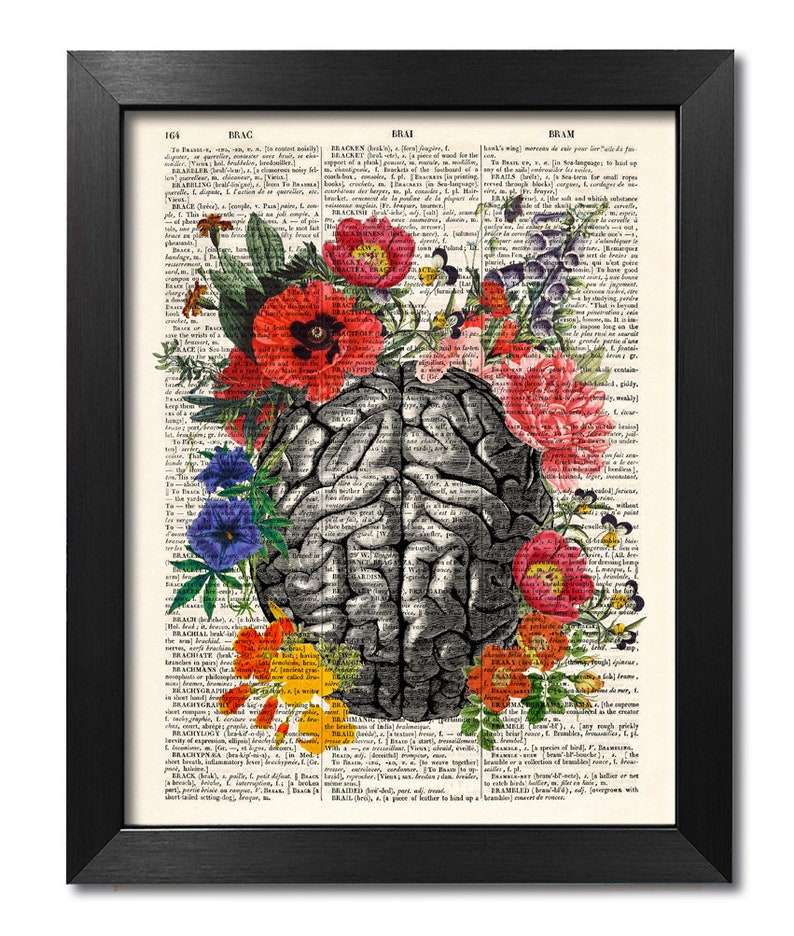 Anatomisches Gehirn mit Blumen, Anatomischer Kunstdruck, Druck auf alter Buchseite, Geschenk, Wanddekoration image 1