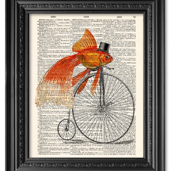 Goldfisch Art Print, Goldfisch Print, Wörterbuch Kunstdruck, Lustiger Print, Fahrrad Print, Wanddeko, Buchseiten, Geschenk Poster [ART 030]