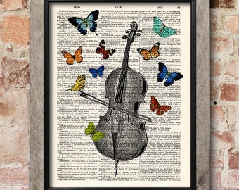 Cello Print, Violoncello poster, Butterflies print art, Dictionary art print, Antique book print, Home Wall Decor, musician gift [ART 033]