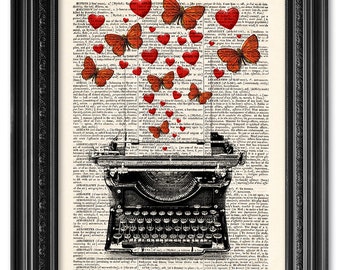 Typewriter illustration print, Butterflies print, Vintage book art print, Dictionary art print, Home Wall Decor, Gift for her [ART 031]