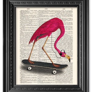 Skateboarding Flamingo, Flamingo Art, Dictionary art print, Vintage book art print, dictionary page, Home Wall Decor, Gift poster [ART 066]