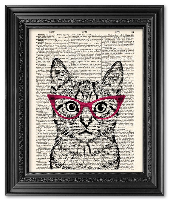 Ginger Cat Print Vintage Dictionary Page Wall Art Picture Animal Wearing Clothes