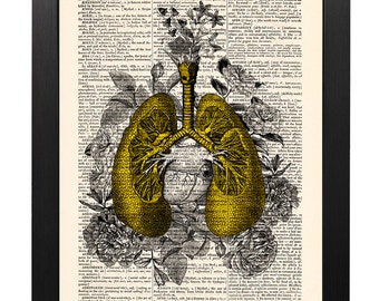 Anatomical gold lungs and flowers, Anatomical lungs print, Flower lungs, Flower print, Illustration print, Dictionary art, Gift [ART 118]