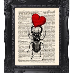 Beetle with heart, dictionary art print, Original artwork, HEART print, Home Wall Art, Wall decor, Funny, Gift poster [ART 049]