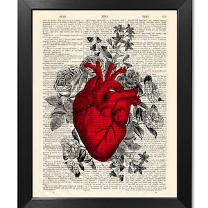 Impresión de flores de corazón rojo anatómico, Impresión de corazón anatómico, Impresión de flores, Impresión artística, Impresión de ilustración, Regalo de San Valentín [ART 117]
