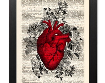 Print, ART Flower Etsy Print, Heart Red Flowers Anatomical - Art 117 Anatomical Print, Gift Illustration Heart Print, Valentines Print,