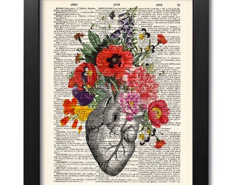 Anatomical heart and flowers, Anatomical heart print, Flower print, Art print, Illustration print, Dictionary art, Valentine gift [ART 038]