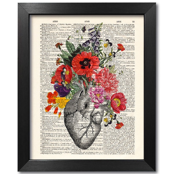 Anatomisches Herz mit Blumen, Kunstdruck anatomisches Herz, Druck auf alter Buchseite, Valentinstag Geschenk