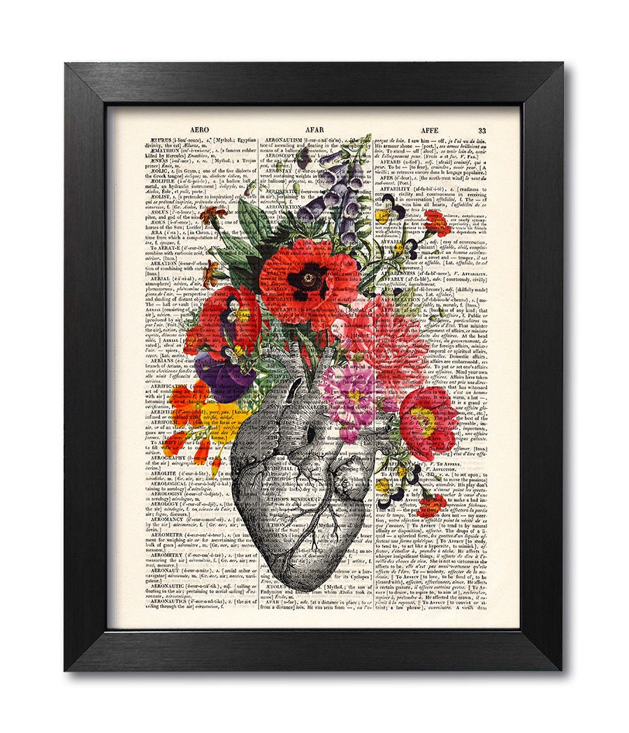 offiziell Anatomisches Herz Mit Blumen, Kunstdruck Valentinstag Auf - Anatomisches Buchseite, Alter Geschenk Etsy Druck Herz
