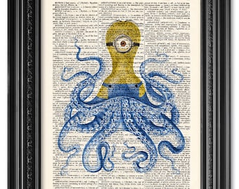 Octopus inspired by Minions, Dictionary art print, Octopus print, Old book page print, Home Wall Decor, Gift poster [ART 102]