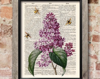 Bees Lilac flower print, Dictionary art print, Old book pages, Kitchen decor, Dining room decor, Bees Wall Decor, New home gift [ART 127]