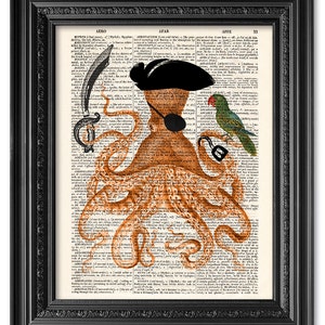 Pirate Octopus, Dictionary art print, Octopus print, Bathroom art print, upcycled dictionary page, Home Wall Decor, Poster gift[ART 091]
