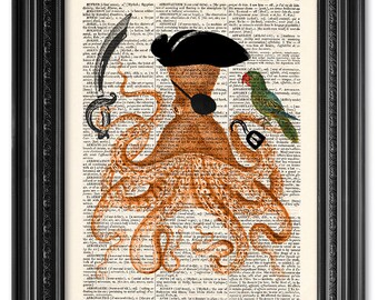 Pirate Octopus, Dictionary art print, Octopus print, Bathroom art print, upcycled dictionary page, Home Wall Decor, Poster gift[ART 091]