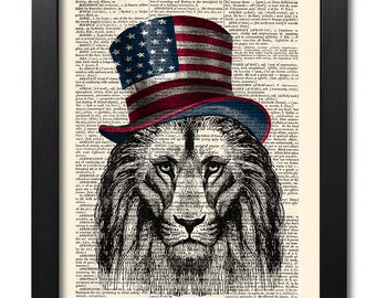 Lion print, Stars and Stripes, Lion silk hat poster, Dictionary art print, Antique book print, American Flag Hat, Independence day [ART 145]