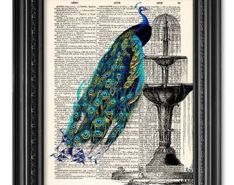 Peacock on Fontain, Peacock print, Peacock illustration, Bird print, Print on Dictionary Paper, gift for her mothers day book page [ART 077]