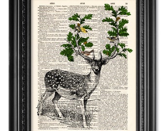 Deer illustration, dictionary art print, Original artwork, Home Wall Art, Wall decor, Deer Antler Leaves Oak Birds Print [ART 076]