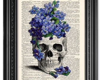 Skull Print, Skull forget me not, Wörterbuch Kunstdruck, Original Kunstwerk, Wand dekor, Lustig, Geschenk poster, Geschenk für ihn [ART 037]