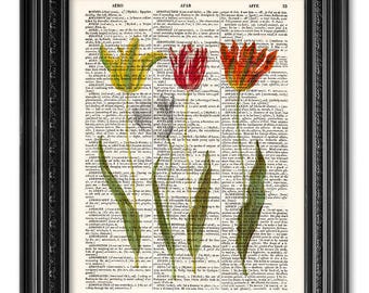 Tulips Flower Print, Dictionary art print, Old book pages, Kitchen decor, Dining room decor, Flowers Wall Decor, New home gift [ART 210]