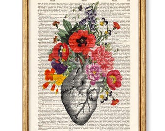Anatomisches Herz mit Blumen, Kunstdruck anatomisches Herz, Druck auf alter Buchseite, Valentinstag Geschenk