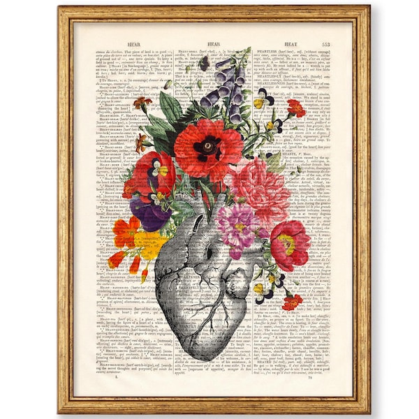 Anatomisches Herz mit Blumen, Kunstdruck anatomisches Herz, Druck auf alter Buchseite, Valentinstag Geschenk