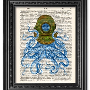 Octopus Diver, Octopus art, Dictionary art print, Vintage book art print, upcycled dictionary page, Home Wall Decor, Gift poster [ART 094]