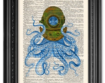 Octopus Diver, Octopus art, Dictionary art print, vintage book art print, upcycled dictionary page, Home Wall Decor, Gift poster [ART 094]