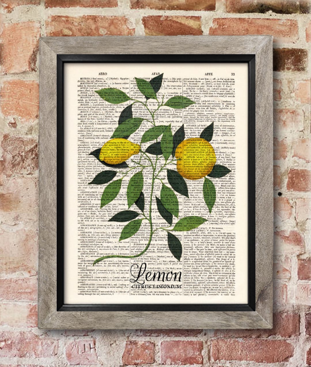 Lemons Botanical Print, Dictionary Art Print, Home Decor Wall Art, Kitchen Decor, Home Art